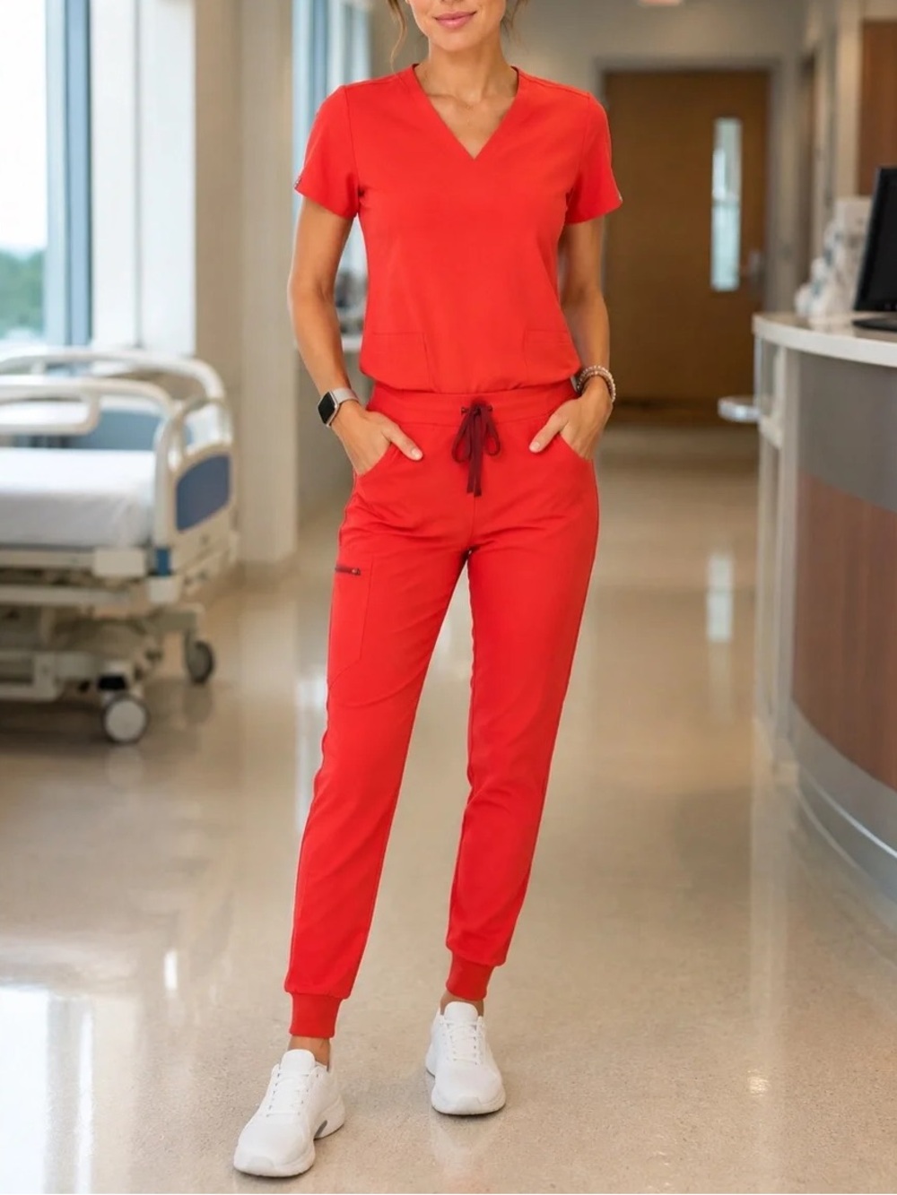 FIGS SET! FIERY CORAL Catarina Scrub Top (S) Zamora Jogger Scrub Bottoms (M)